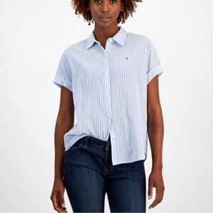 Tommy Hilfiger women’s blue & white cotton linen blend button shirt top SMALL